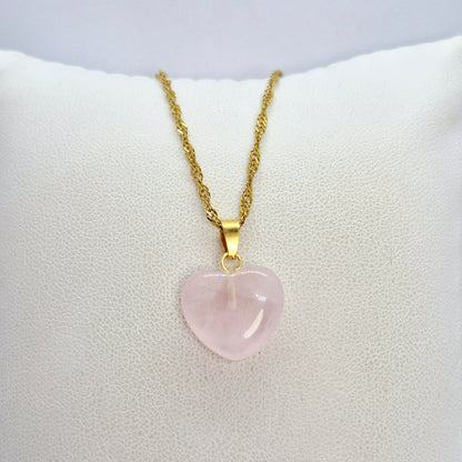 Natural Stone Mini Hearts in Amethyst, White Crystal, Ruby Stone, Blue Angelite, Striped Agate and Rose Quartz with Stainless Steel Chain Necklace