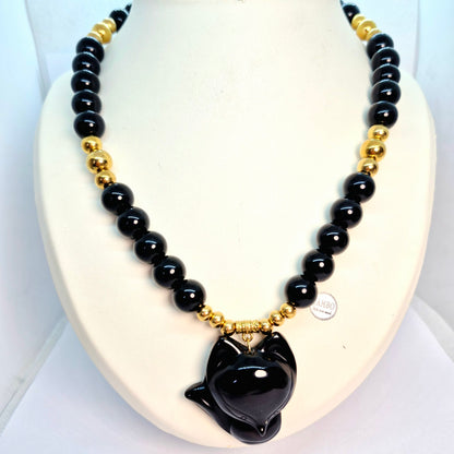 Natuurlijke Obsidiaan Halsketting Choker met 12mm Stenen en Obsidiaan Negenstaartige Vos Hanger