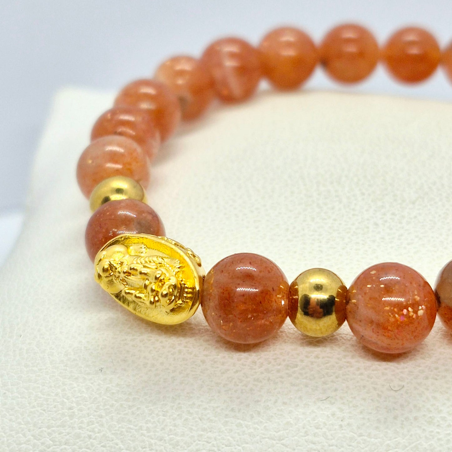 Natural Sunstone Bracelet in 8mm Stones With Silver Good Fortune Pixiu