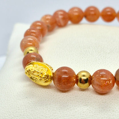 Natural Sunstone Bracelet in 8mm Stones With Silver Good Fortune Pixiu