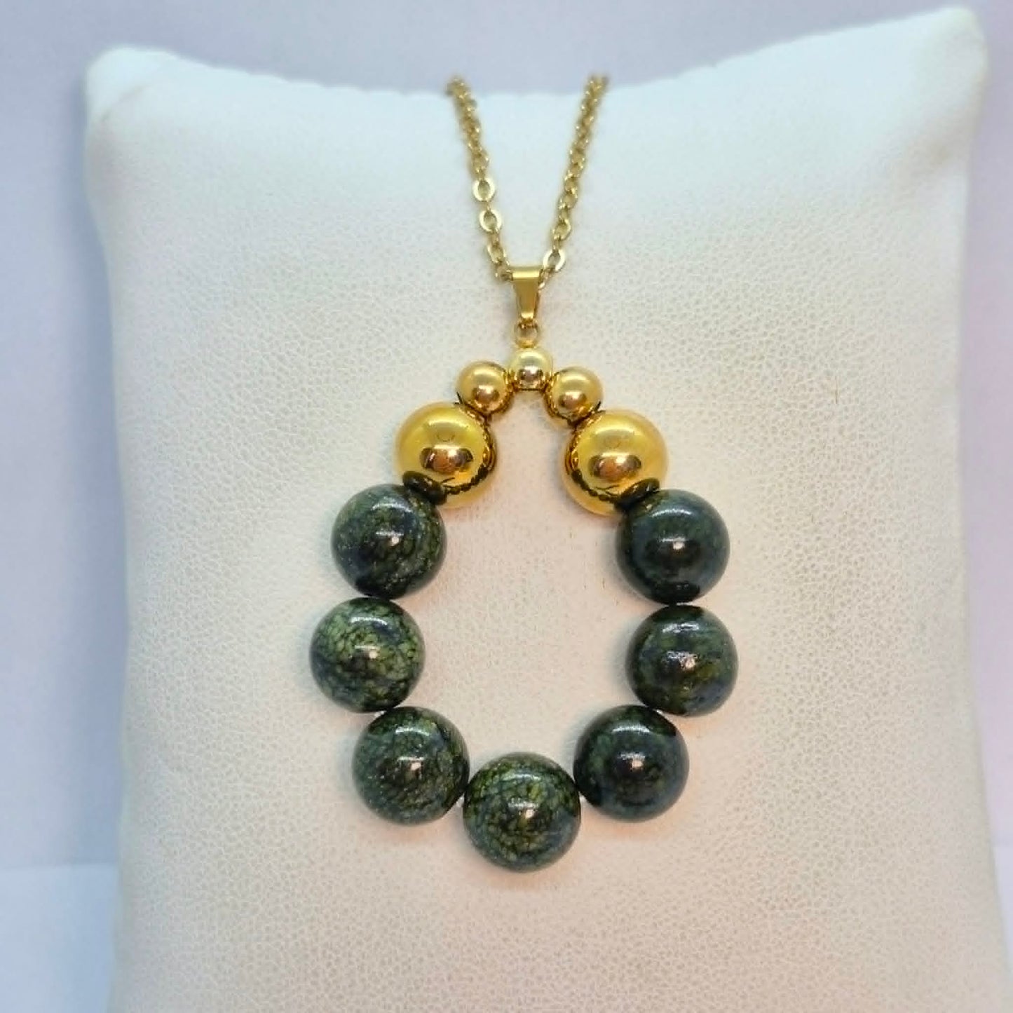 Circle of Natural Serpentine Pendant with Gold Plated Stainless Steel Chain Necklace