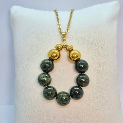 Circle of Natural Serpentine Pendant with Gold Plated Stainless Steel Chain Necklace