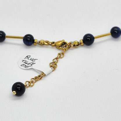 Natural Blue Tiger Eye Necklace and Earrings Set In Gold Plated Stainless Steel