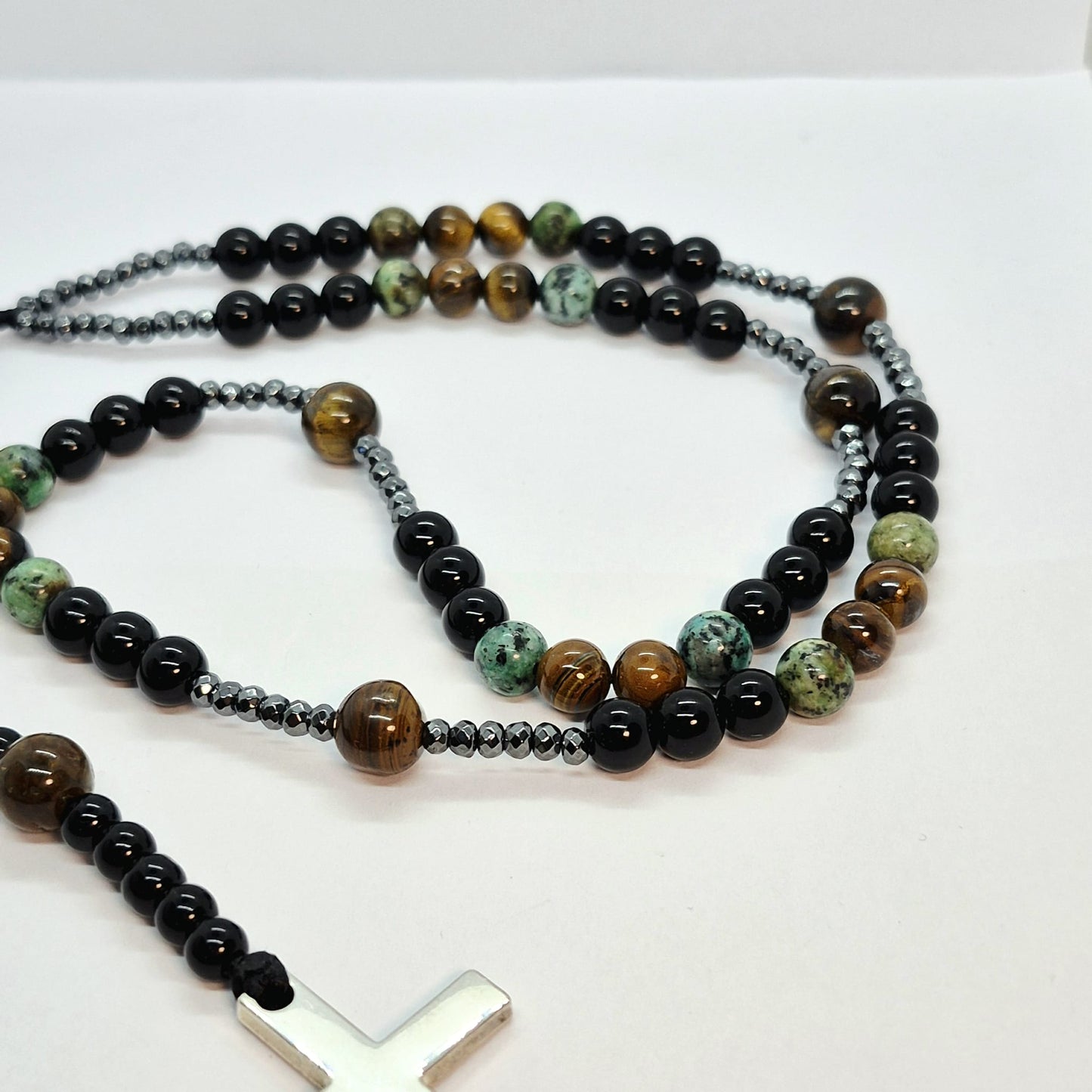 Natural Indian Agate and Obsidian Rosary with Hematite and Titanium