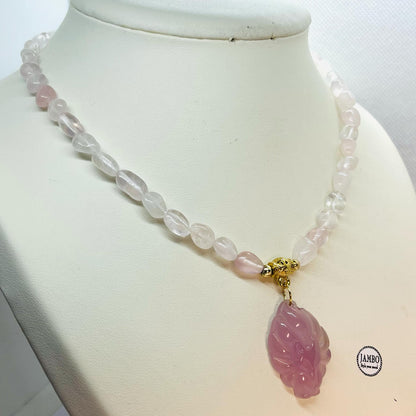 Natural Rose Quartz Choker with Purple Chalcedony Nine Tailed Fox Pendant Necklace