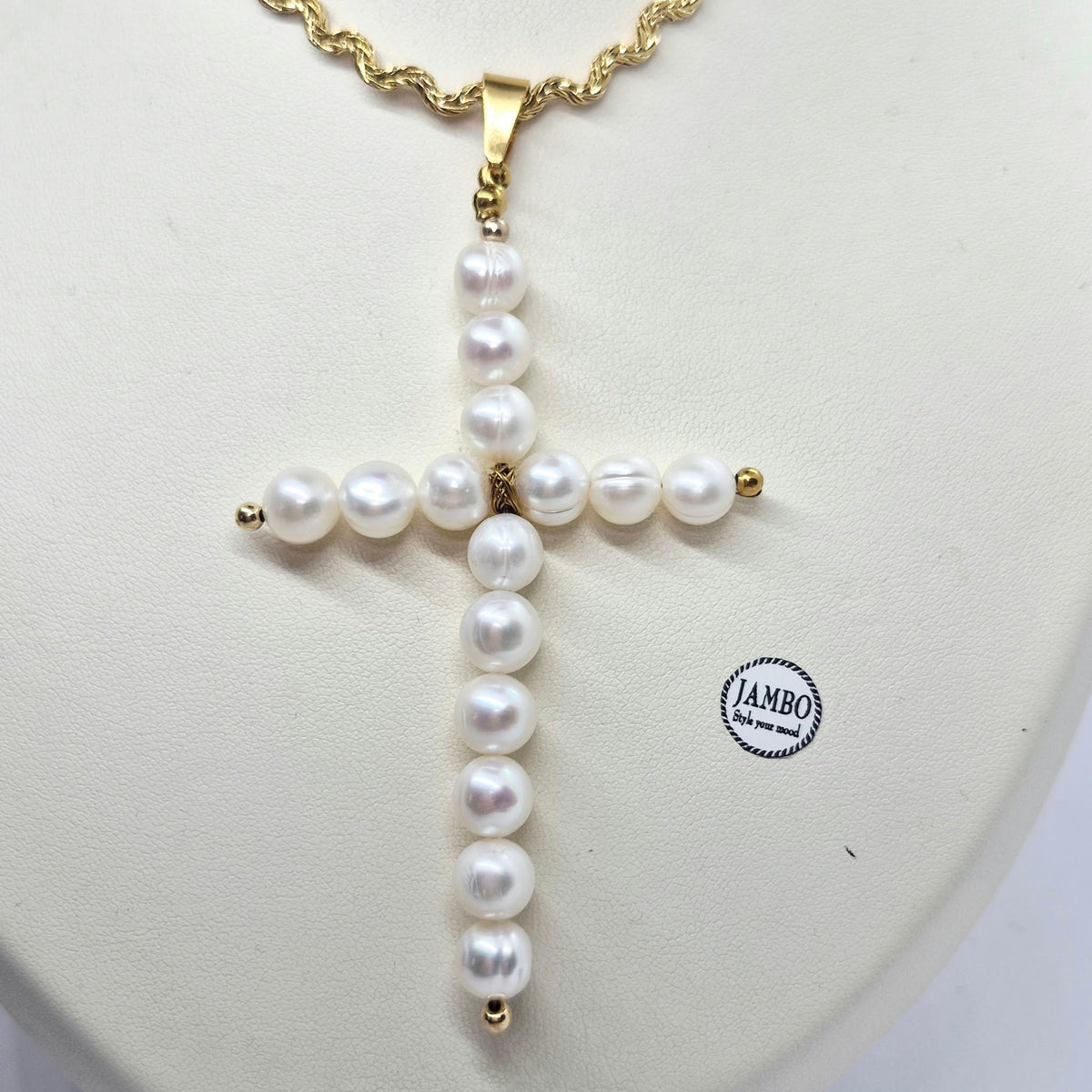 Natural Pearl Cross Pendant in Gold Plated Stainless Steel