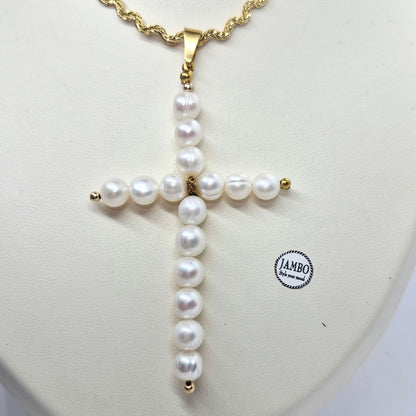 Natural Pearl Cross Pendant in Gold Plated Stainless Steel