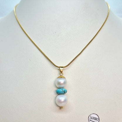 Natural 12mm Pearl and Turquoise Set in Gold Plated Stainless Steel