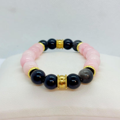 Obsidian and Rose Quartz Bracelet in 10mm Natural Stones