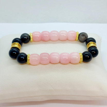 Obsidian and Rose Quartz Bracelet in 10mm Natural Stones