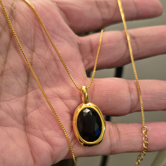 Natural Black Agate Pendant Necklace in Gold Platted Sterling Silver