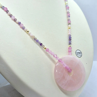 Natural Rose Quartz Donut Pendant with Amethyst and Rose Quartz Beaded Necklace