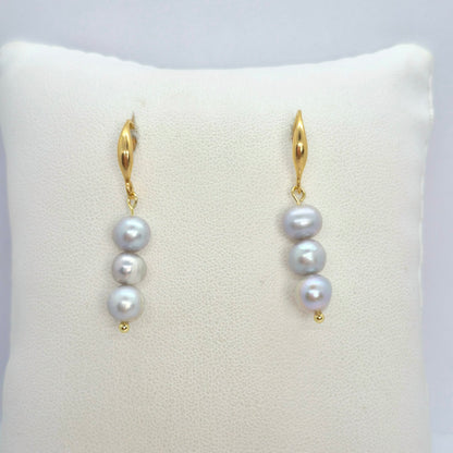 Natural Grey Pearl Dangle Earrings in Gold Plated Stainless Steel