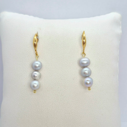 Natural Grey Pearl Dangle Earrings in Gold Plated Stainless Steel