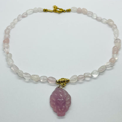 Natural Rose Quartz Choker with Purple Chalcedony Nine Tailed Fox Pendant Necklace