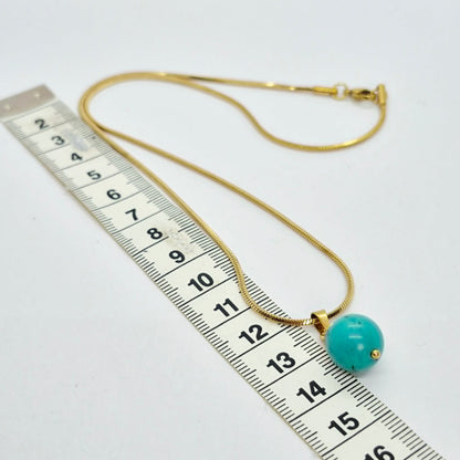 Natural Turquoise 12mm Stone Pendant with Gold Plated Stainless Steel Snake Chain Necklace