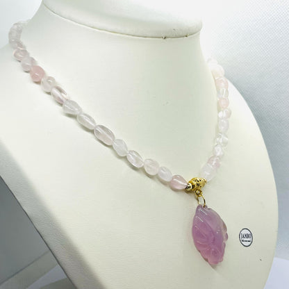 Natural Rose Quartz Choker with Purple Chalcedony Nine Tailed Fox Pendant Necklace