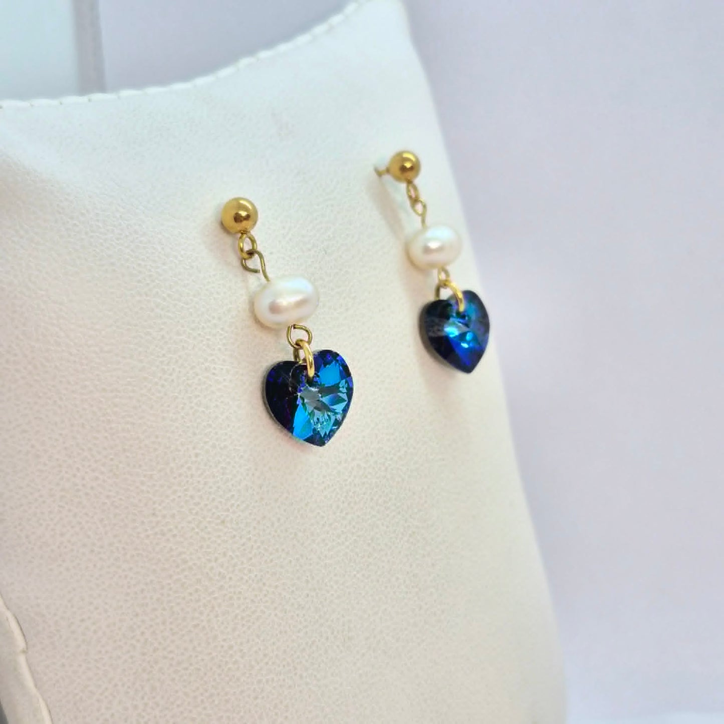 Natural Pearl and Blue Heart Dangle Earrings in Gold Plated Stainless Steel