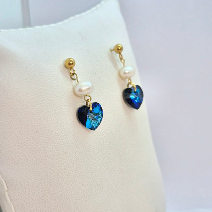 Natural Pearl and Blue Heart Dangle Earrings in Gold Plated Stainless Steel