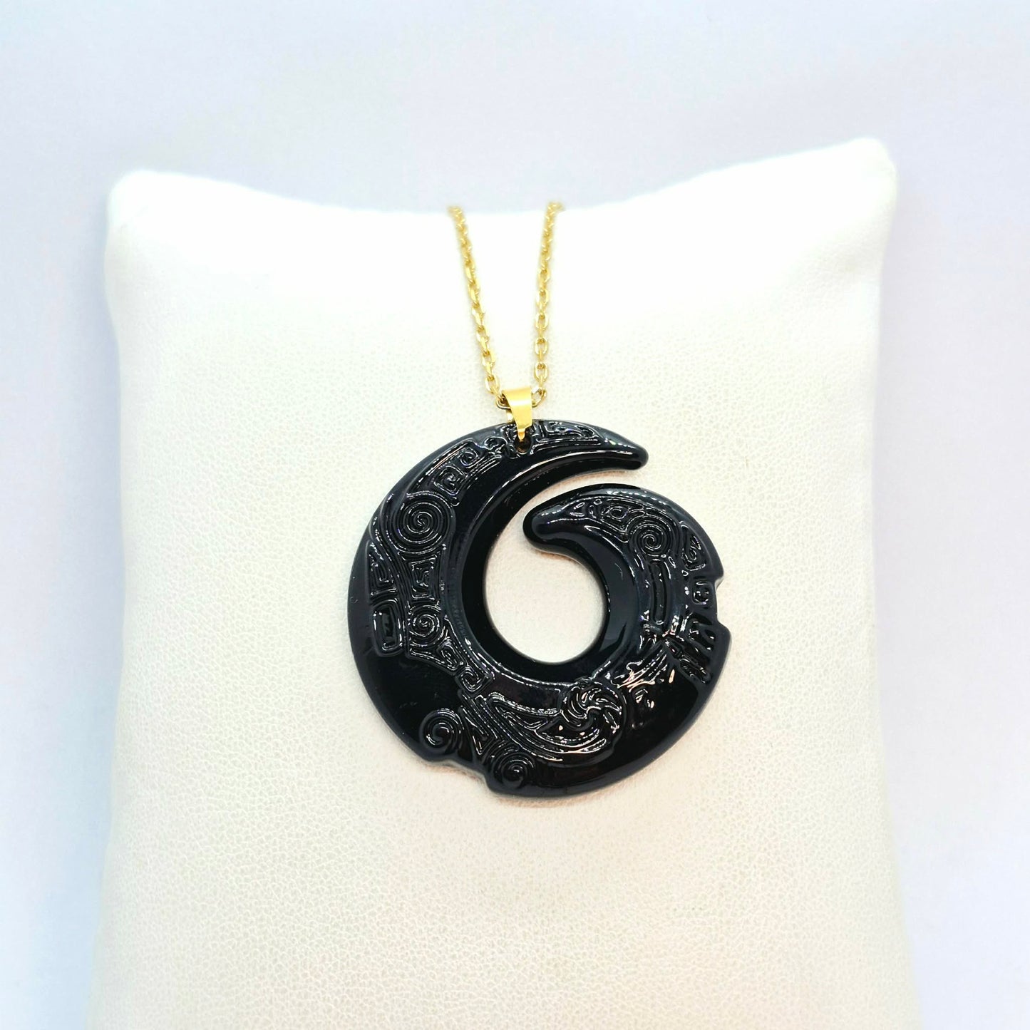 Natural Obsidian Pendant in Gold Plated Stainless Steel with Chain Necklace
