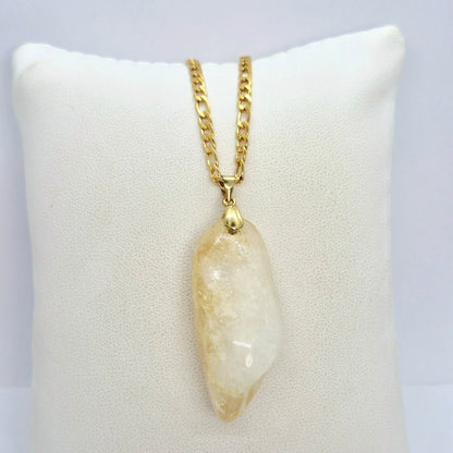 Natural Citrine Rutilated Quartz Pendant with Gold Plated Stainless Steel Chain Necklace