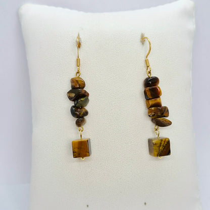 Natural Tiger Eye Dangle Earrings in Gold Plated Stainless Steel