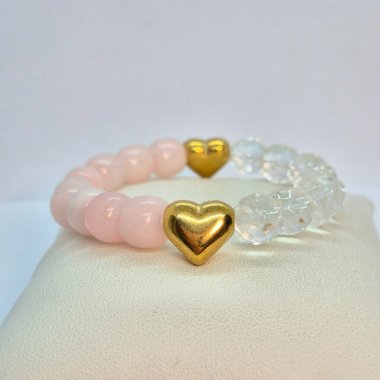 Natural Rose Quartz and White Crystal Quartz Bracelet in 10mm Stones