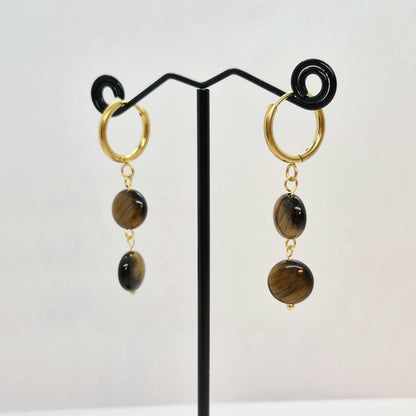 Button Tiger Eye Dangle Earrings In gold Plated Stainless Steel