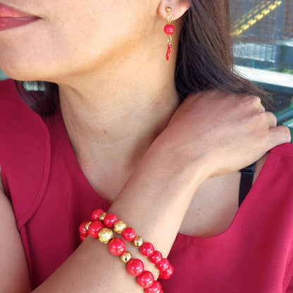 Natural Coral with Enamel Pepper Dangle Earrings in Gold Plated Stainless Steel