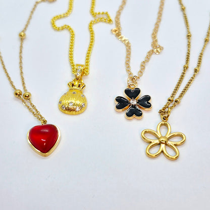 Gold Plated Stainless Steel Pendant with Chain Necklace, Heart, Flower, Clover and Money Bag
