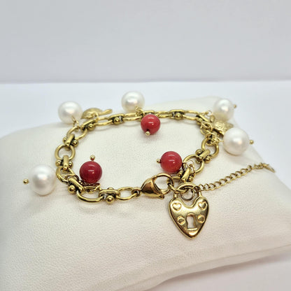 Natural Stone Bracelet with Pearls and Red Coral in 6-11mm Stones