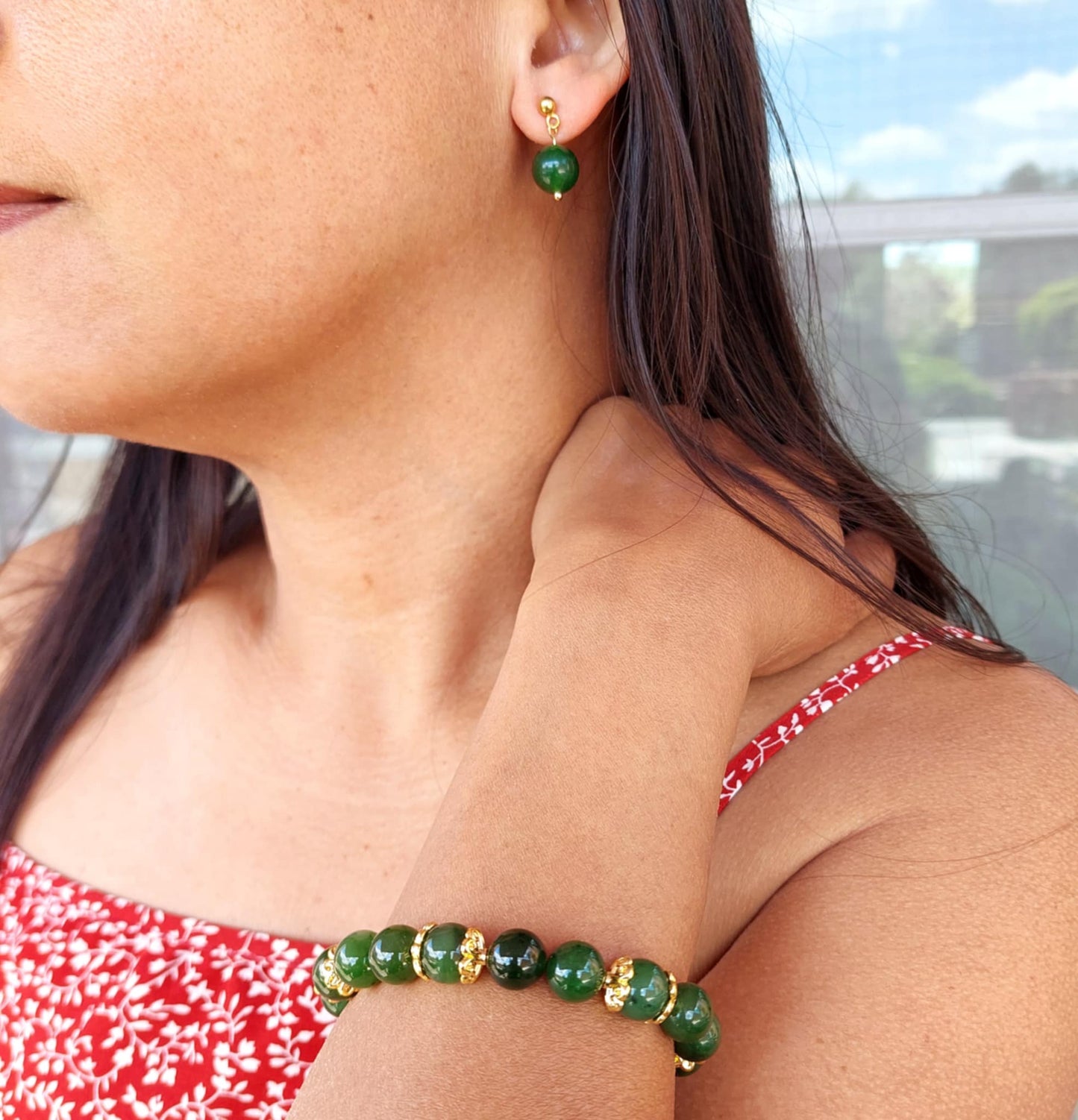 Natural Hetian Jade Dangle Earrings in Gold Plated Stainless Steel