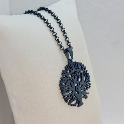 Black Tree of Life Pendant in Stainless Steel with Chain Necklace