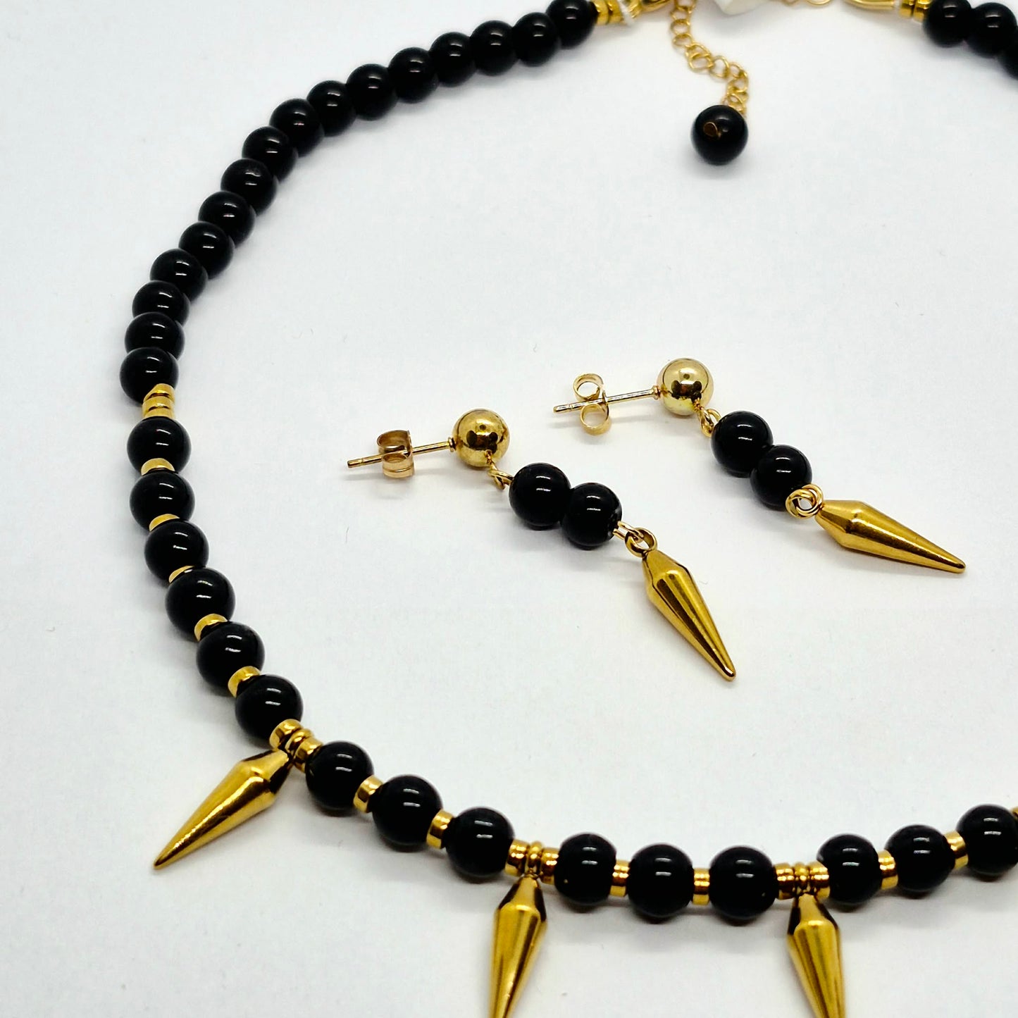 Natural Obsidian Choker Necklace and Earrings Set in Gold Platted Stainless Steel