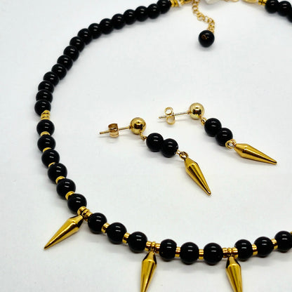 Natural Obsidian Choker Necklace and Earrings Set in Gold Platted Stainless Steel