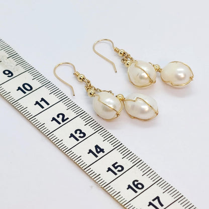 Natural Pearl Dangle Earrings in 10K Gold