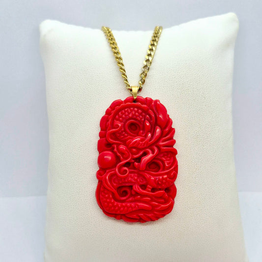 Natural Red Hetian Jade Dragon Pendant with Stainless Steel Gold Plated Chain Necklace