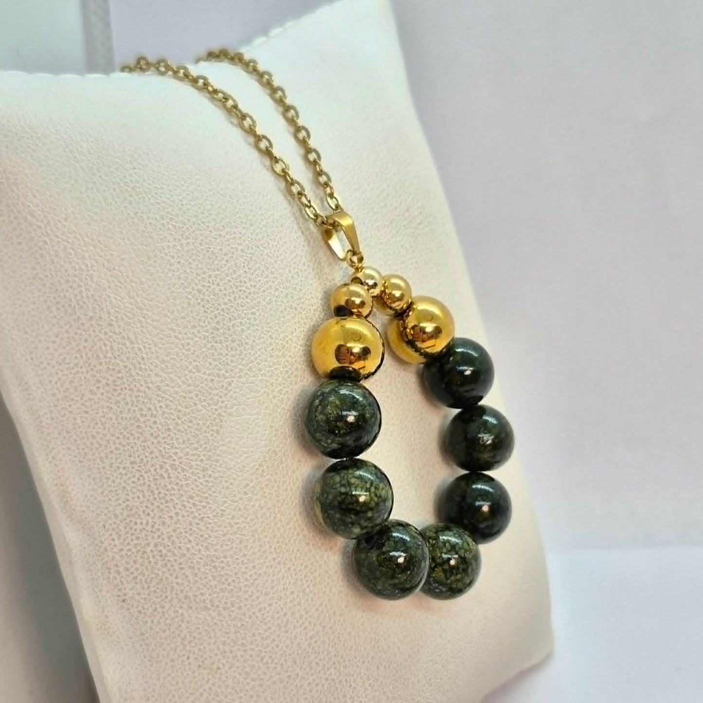 Circle of Natural Serpentine Pendant with Gold Plated Stainless Steel Chain Necklace