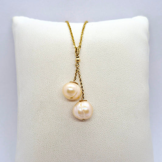 Natural Double Baroque Peach Pearl Pendant in Gold Plated Stainless Steel with Chain Necklace