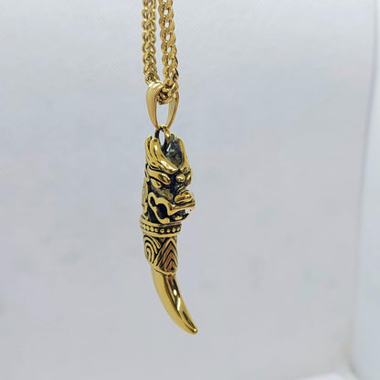 Dragon Tooth Pendant in Stainless Steel Gold Plated Chain Necklace