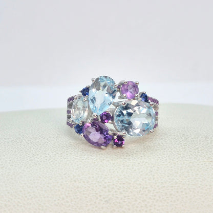 Natural Sky Blue Topaz and Amethyst Stone Ring in Sterling Silver with Nano Sapphire side stones
