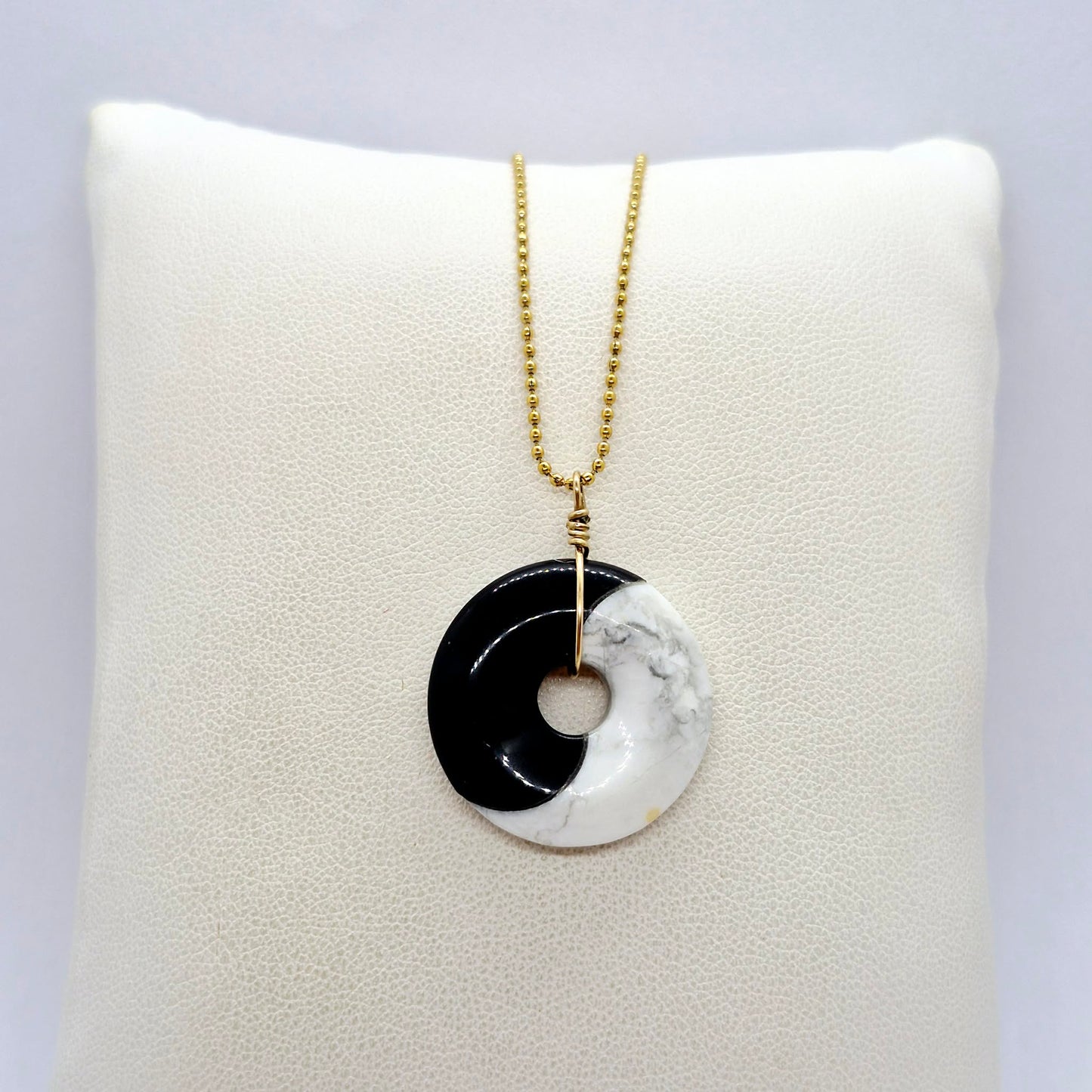 Natural Obsidian and Howlite Donut Pendant in Gold Plated Stainless Steel with Chain Necklace