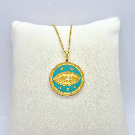 All Seeing Eye Pendant with Chain Necklace in Gold Platted Stainless Steel