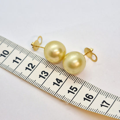 Natural 14mm South Sea Champagne Pearl Earrings in Solid 14K Gold