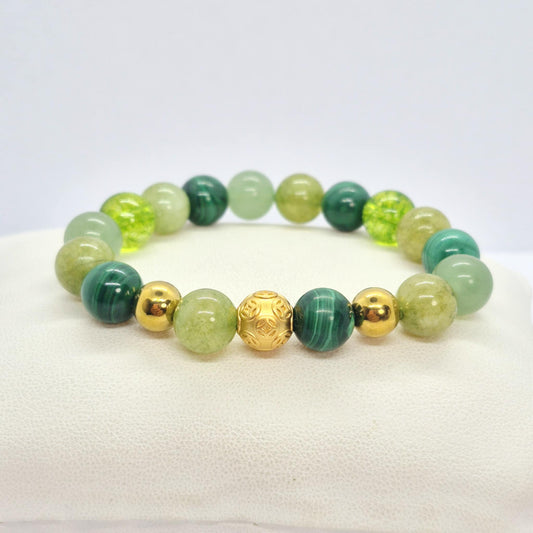 Mixed Green Natural Stone Bracelet with 10mm Stones including Malachite, Peridot, Aventurine