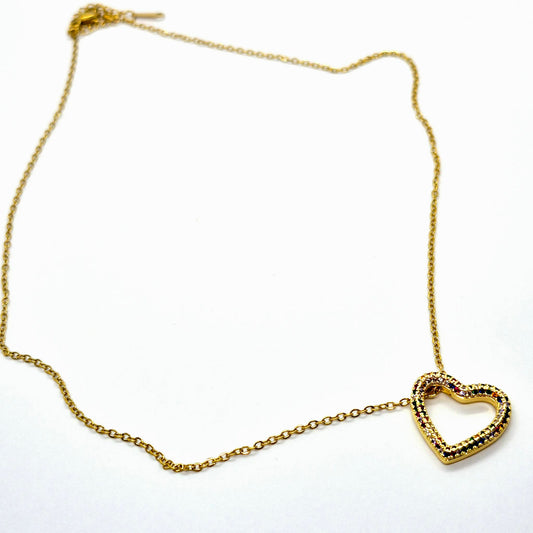 Heart in ZIrcon Pendant Necklace in Gold Platted Stainless Steel