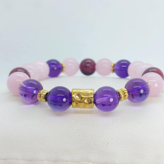 Love and Passion Bracelet with Amethyst, Rose Quartz & Ruby in 10mm Natural Stones