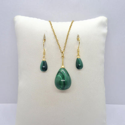 Natural Malachite Raindrop Set with Stainless Steel Gold Plated Chain Necklace