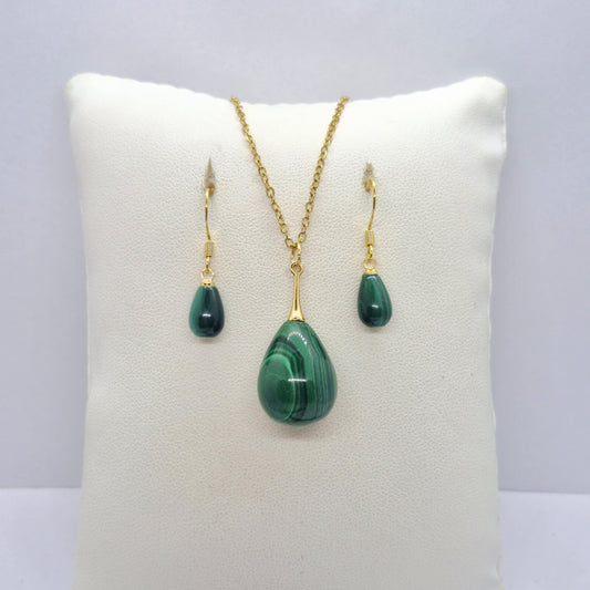 Natural Malachite Raindrop Set with Stainless Steel Gold Plated Chain Necklace