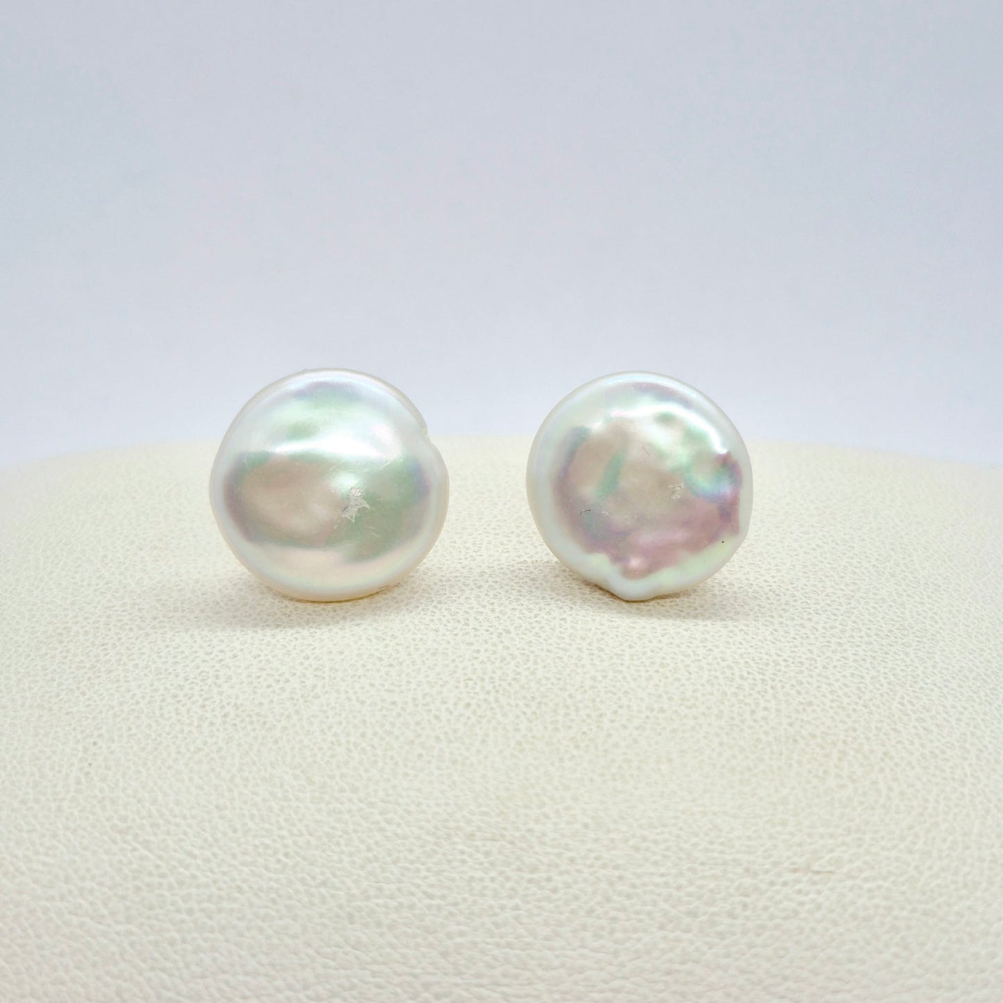Natural 15mm Button Pearl Stud Earrings in Sterling Silver